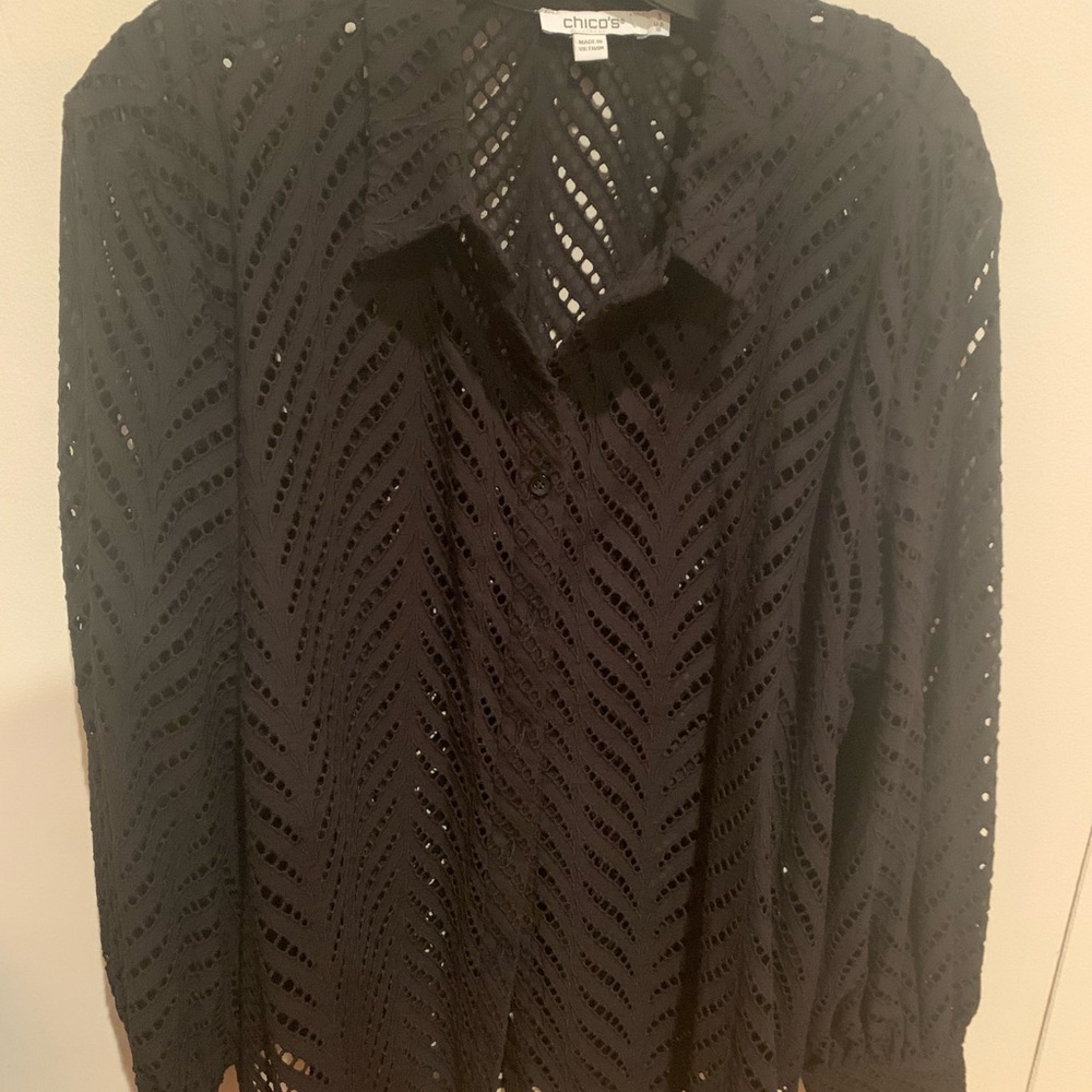 Chicos Black Button Down W/ Open Work - image 5